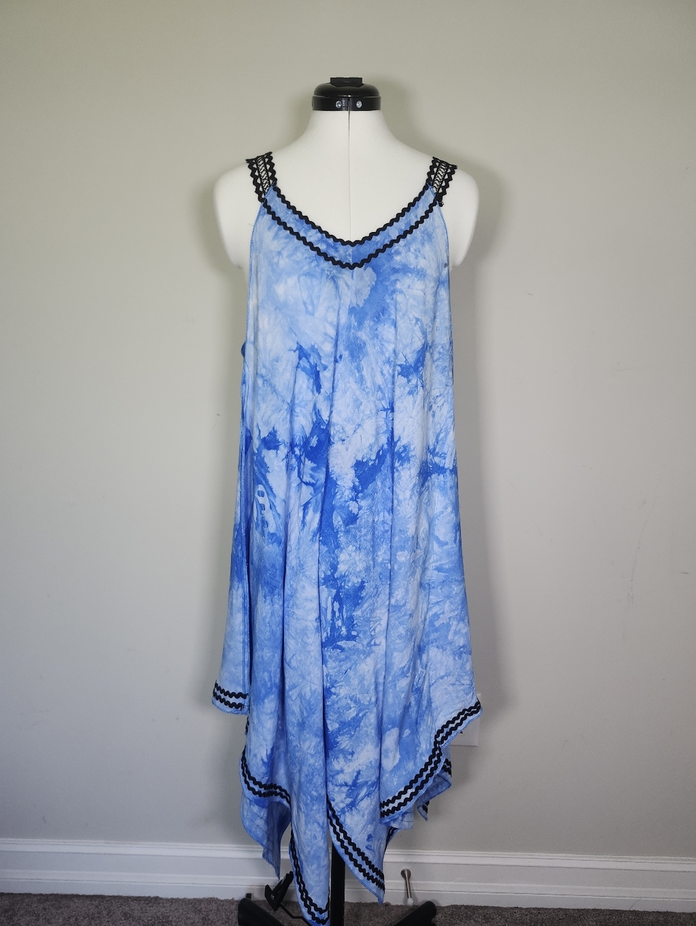 Blue Tie-Dye Handkerchief Black Embroidered Trim Hem Resortwear Slip Dress S LG